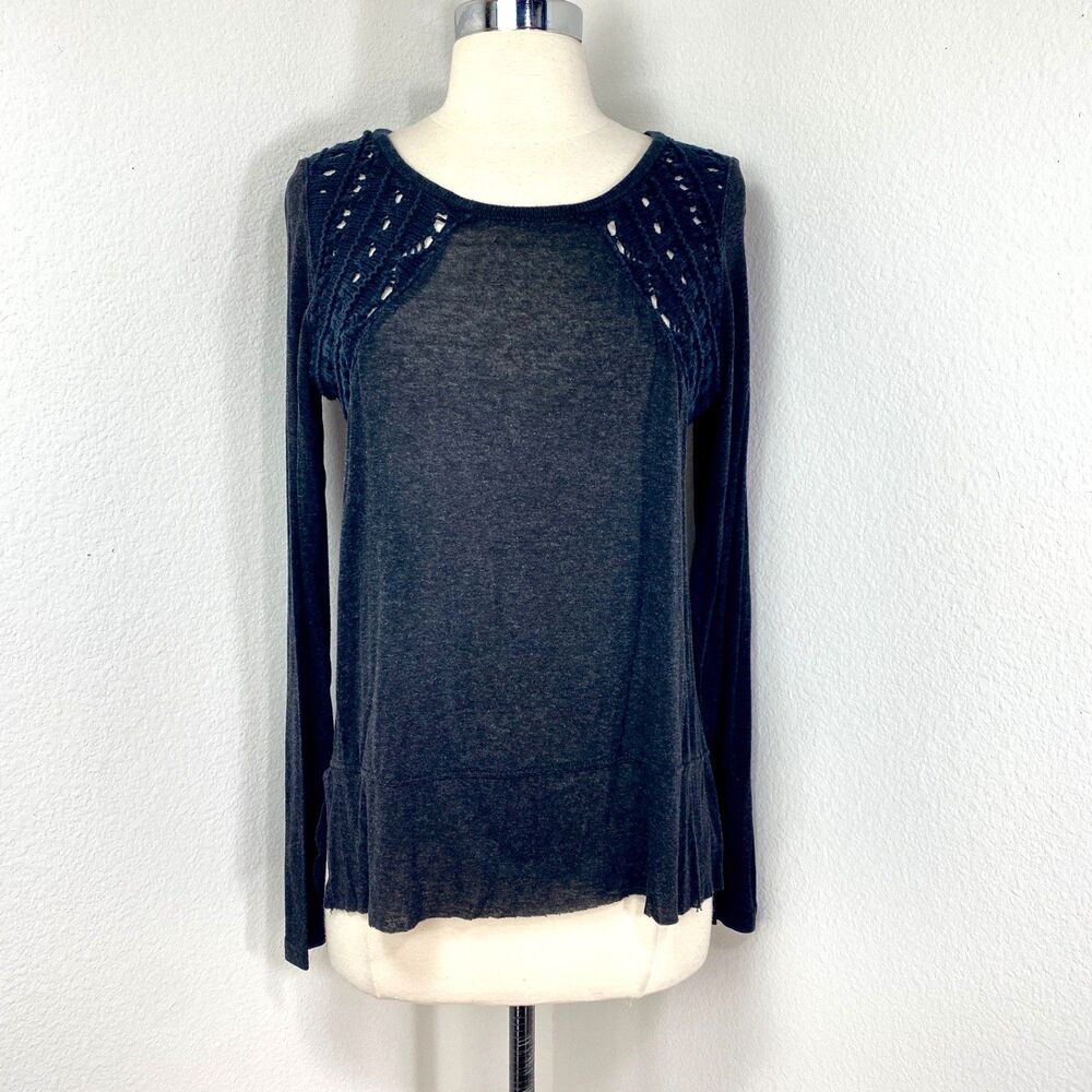 Vintage Havana Black Crochet Knit Top Med Long Sleeves Raw Hem Witchy Goth Boho